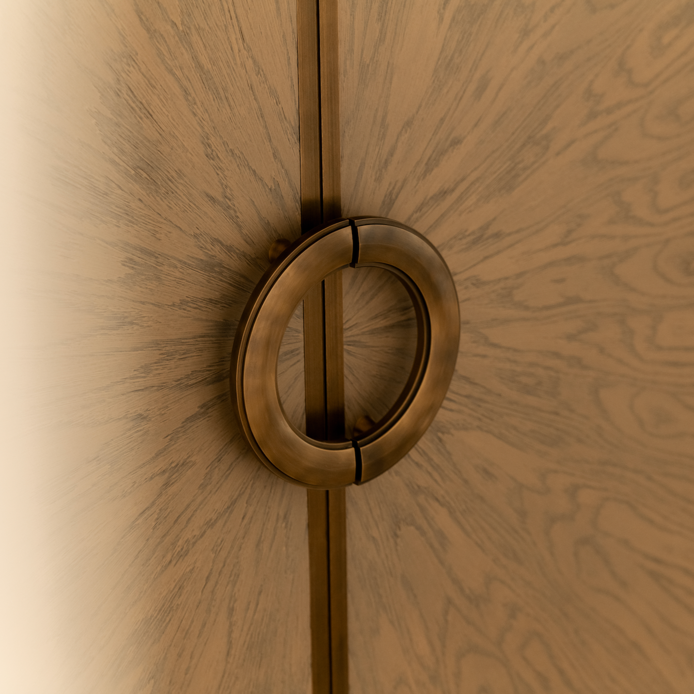 Close-up of two C Shape Pull handles on a wooden sunburst door
