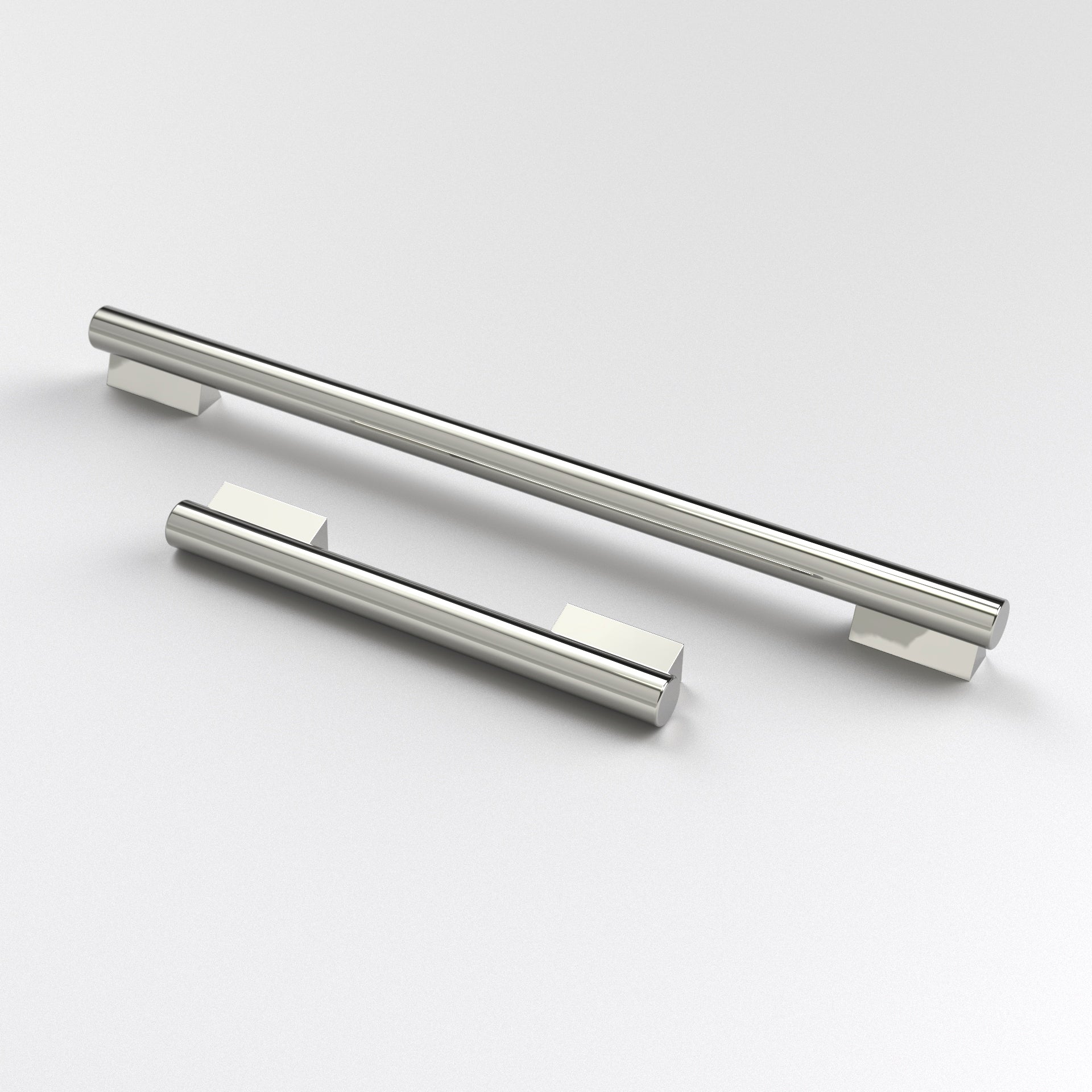 two polished nickel-finished brass scroll  cabinet pulls. The Leamington Cabinet Pull displayed here against a white background.