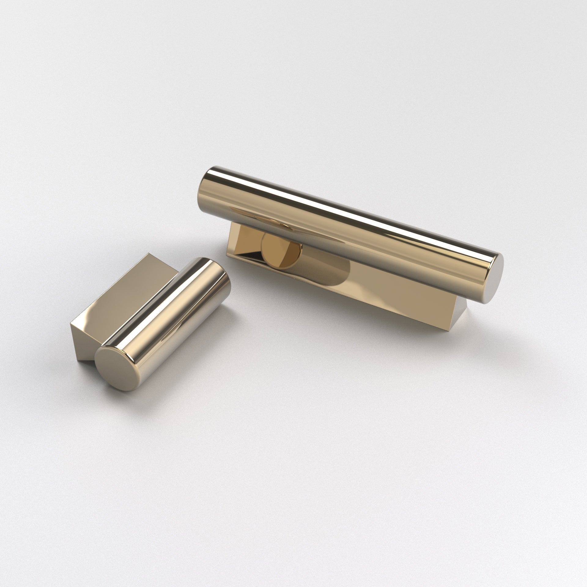 two polished brass-finished brass scroll cabinet t-bar pulls. The Leamington Cabinet T-Bar pulls displayed here against a white background.